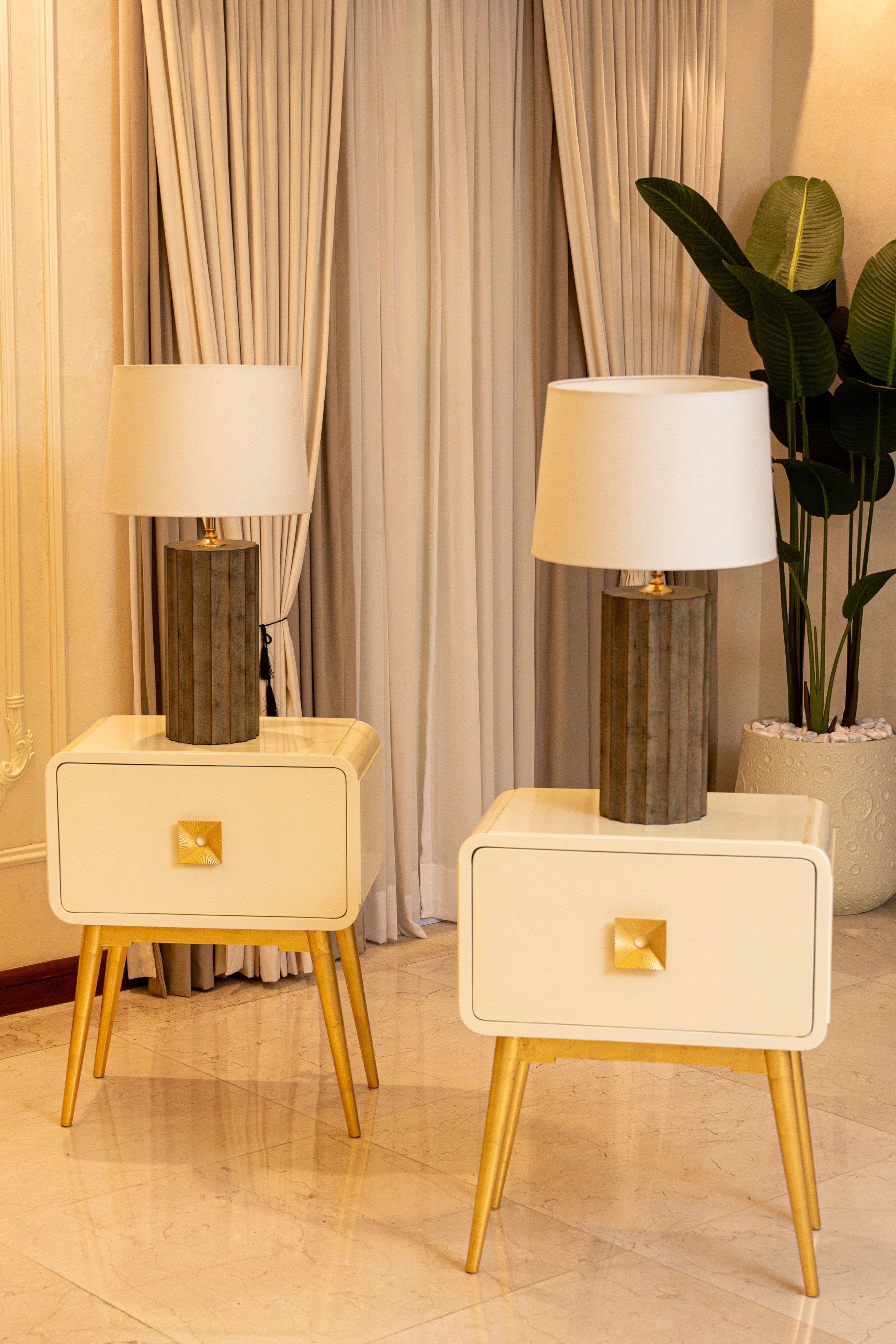 Auric Column Trendy Table Lamp - Grey Fluted Pillar