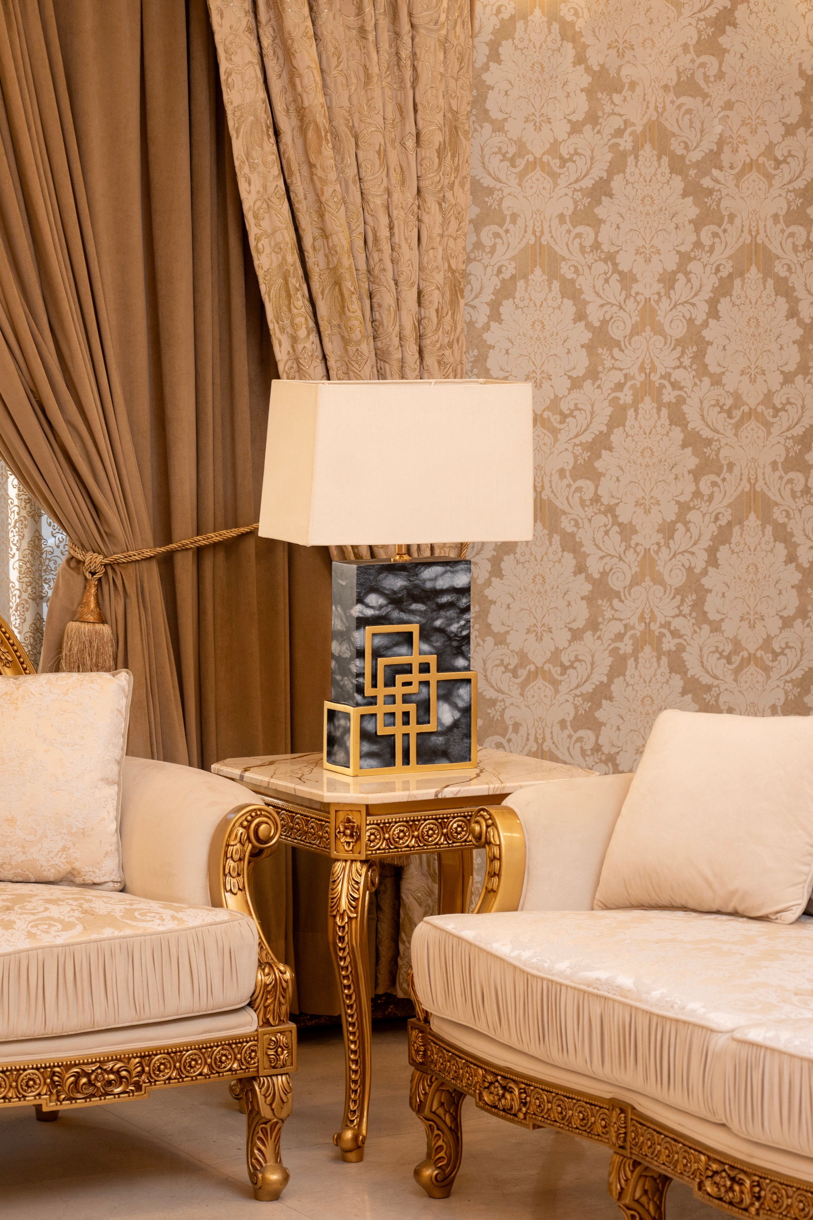 Noir Geometry Black Marble & Gold Geometric Accent Table Lamp