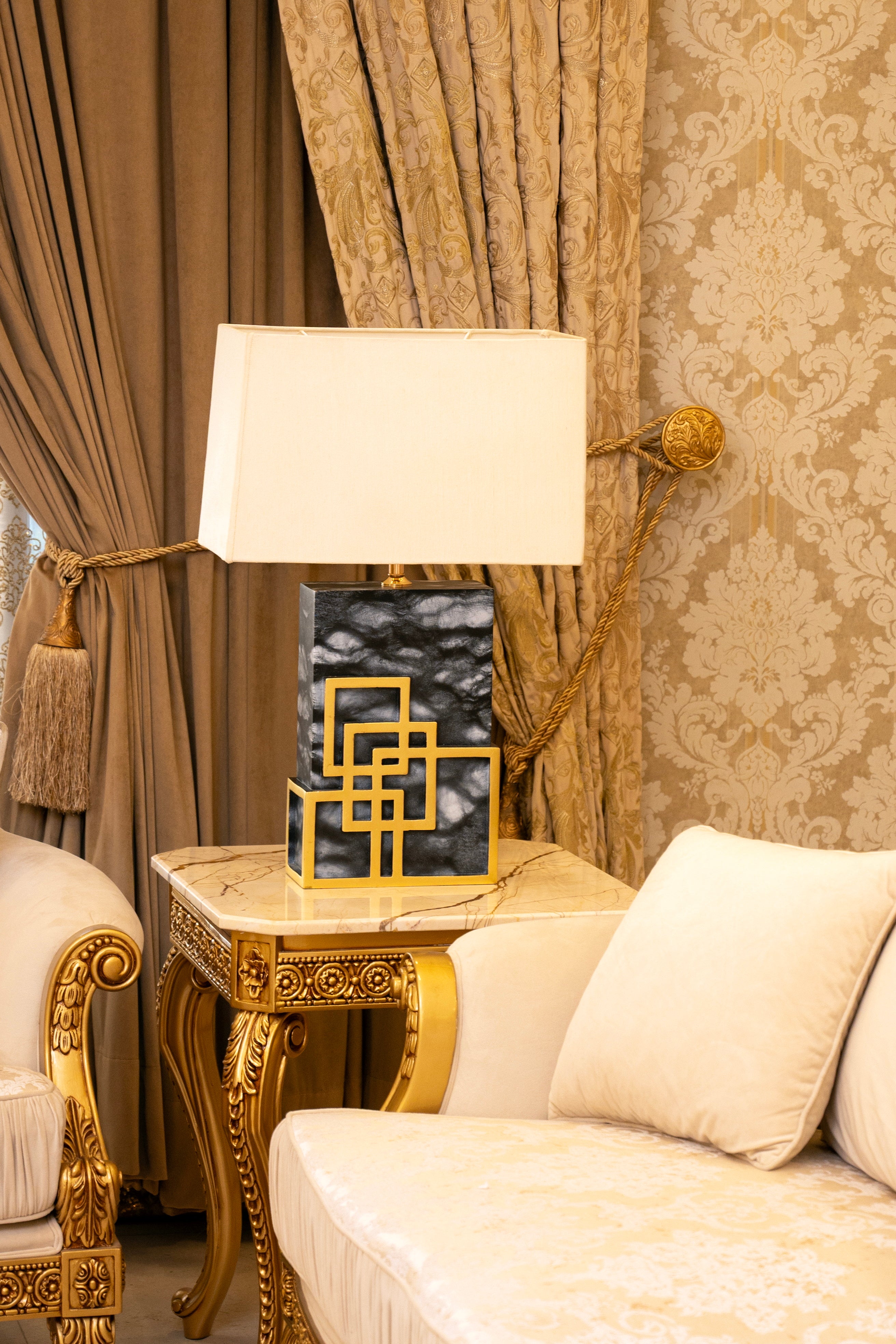 Noir Geometry Black Marble & Gold Geometric Accent Table Lamp