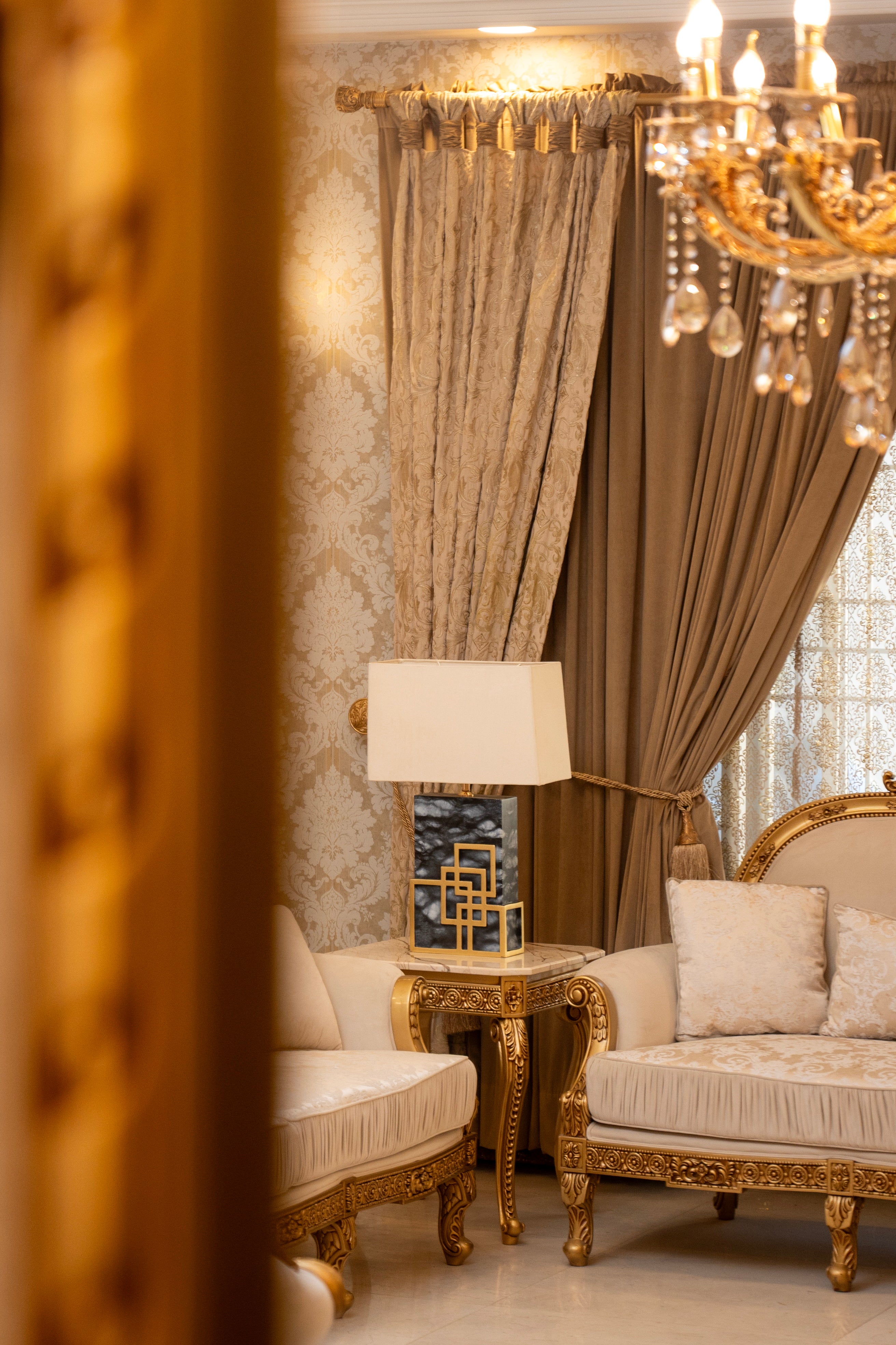 Noir Geometry Black Marble & Gold Geometric Accent Table Lamp